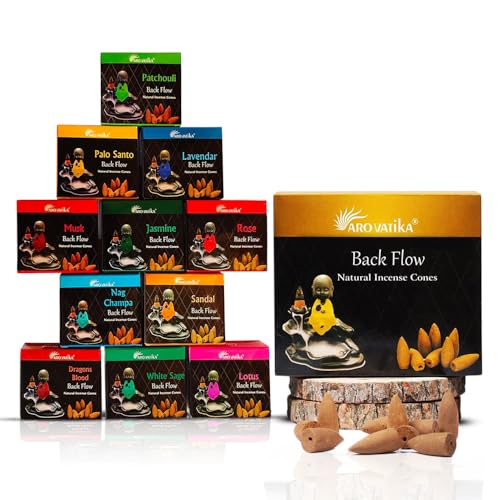 ARO VATIKA Backflow Natural Masala 120 Incense Cones | Pack of 11 Different Assorted Fragrances | for Home Fragrance & Prayers | Size 32mm | Burn Time- Approx 18 Minutes - color: Assorted Pack