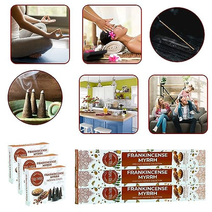 Frankincense Myrrh Scented Incense Sticks & Incense Cones Combo Pack - 60 Insence-Sticks + 30 Insence Cones - Inscense - Incense Cones Scented - Insents - color: Frankincense Myrrh