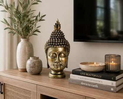 11 Inch Antique Bronze Buddha Head Statue - color: Antique Bronze