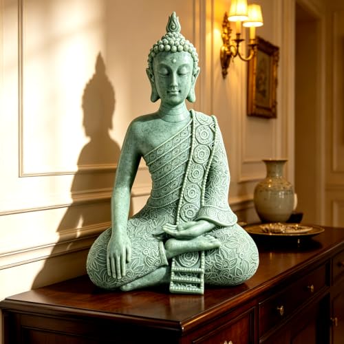 Resin Cyan Sitting Buddha, Buddhism Style Decor and Zen Shelf Aesthetic - color: Cyan