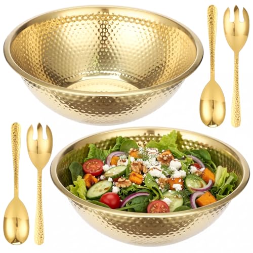 Joyibay 2 Pcs 13 Inch Gold Stainless Steel Salad Bowl Set, 4-Pc Utensil Set - color: 2pcs Gold Stainless Steel Bowl Set