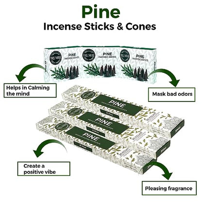 Pine Incense Sticks & Incense Cones Combo Pack - 60 Insence-Sticks + 30 Insence Cones - Inscense - Incense Cones Scented - Insents - color: Pine