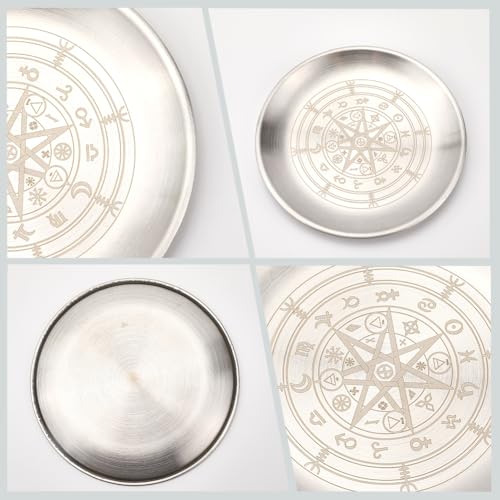CREATCABIN Constellation Ritual Plate Altar Stainless Steel Flat Bowl Round Silvery Tray Offering Bowl Dish Holder Jewelry Dish for Smudging Incense Burner Meditation Tarot 5.55Inch - style: Constellation-01