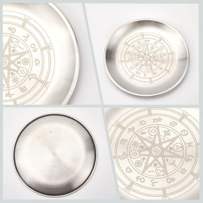 CREATCABIN Constellation Ritual Plate Altar Stainless Steel Flat Bowl Round Silvery Tray Offering Bowl Dish Holder Jewelry Dish for Smudging Incense Burner Meditation Tarot 5.55Inch - style: Constellation-01