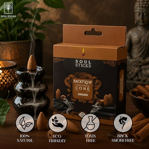 Soul Sticks Backflow Incense Cones – 40 PCS Organic Handmade Cones for Waterfall Burner | 4 Pack Long Lasting Aromatic Scents | Thick White Smoke Incense for Meditation, Spiritual Gift (Cinnamon) - color: Cinnamon