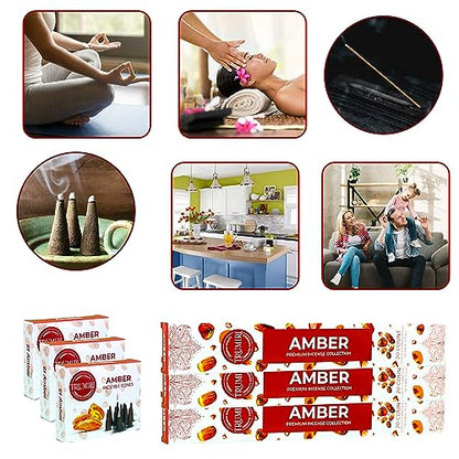 Amber Incense Sticks & Incense Cones Combo Pack - 60 Insence-Sticks + 30 Insence Cones - Inscense - Incense Cones Scented - Insents - color: Amber