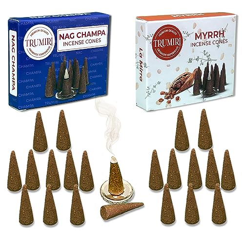 TRUMIRI Incense Cones - Combo Pack of 20 Cone Incense - 10 Myrrh + 10 Nag Champa - Insence Cones - Incense Cones Scented - Cone Incense Scents - Insense Cones - Incent Cone - color: Nag Champa Myrrh