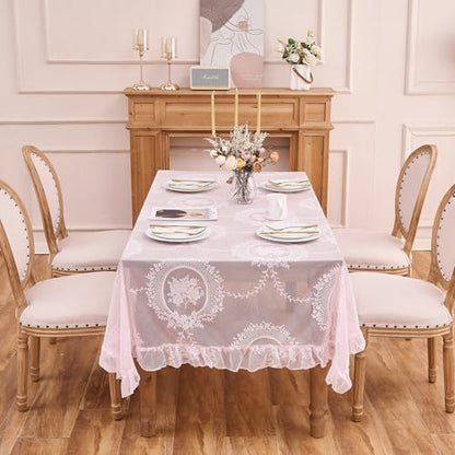Pink Lace Tablecloth Floral Rectangular Table Cloth 95”x55” - color: Pink, size: 95" x 55" (Rectangular)