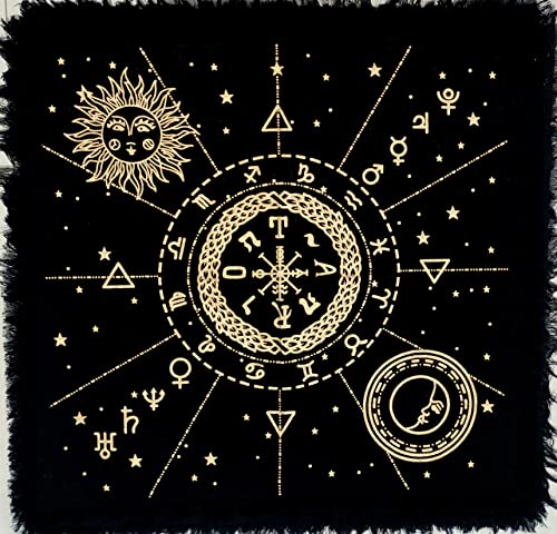 INDIAN CRAFT CASTLE Altar Cloth Tarot Cards Table Napkins Witchcraft Supplies Tablecloth Square Alter Pagan Spiritual Celestial Deck Cloth with Fringes 12 Constellation Gold 18 x 18 Inches - color: 12 Constellation Gold, size: 18" x 18" (Square)
