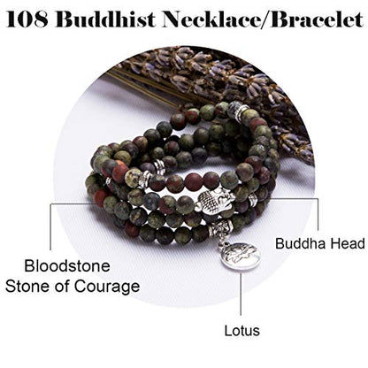 Bivei 108 Mala Beads Necklace Long Beaded Wrap Bracelets Genuine Gemstone Mala Prayer Beads Lotus Buddha Charm Yoga Meditation Necklace - color: Bloodstone-Lotus OM-Buddha