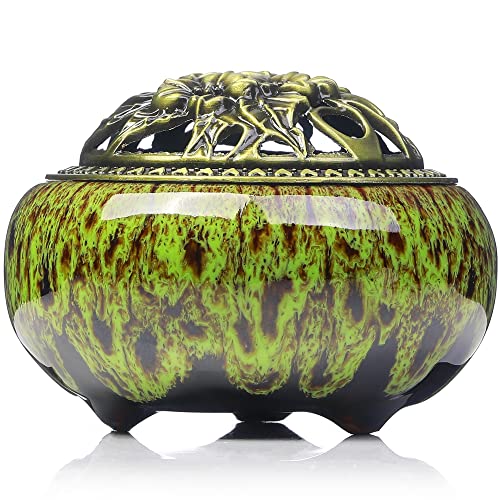 Incense Burner with Calabash Incense Stick Holder - Porcelain Charcoal Censer for Use with Resin Granular Powder Cone or Coil Incense (Kiln-Colored Green) - color: Kiln-colored Green