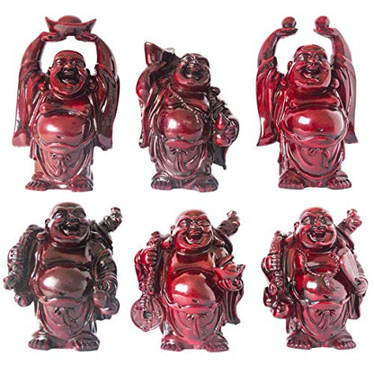 Set of 6 Laughing Happy Buddha Statue Resin Figurines Feng Shui for Luck Wealth Good Gift and Collection (4.5'', Dark red) - color: Dark Red, style: 4.5''