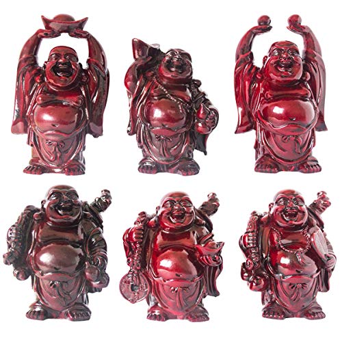 Set of 6 Laughing Happy Buddha Statue Resin Figurines Feng Shui for Luck Wealth Good Gift and Collection (4.5'', Dark red) - color: Dark Red, style: 4.5''