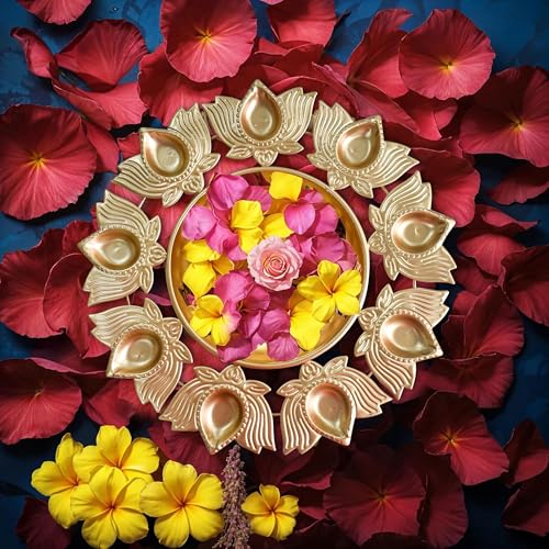Handmade 12 Inch Metal Urli Bowl with 9 Lotus Flower Design Diya, Indian Decorative Urli Bowl for Temple, Home & Room Decoration, Decor for Pooja, Navratri, Mehndi, Haldi, Wedding & Festivals