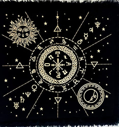 INDIAN CRAFT CASTLE Altar Cloth Tarot Cards Table Napkins Witchcraft Supplies Tablecloth Square Alter Pagan Spiritual Celestial Deck Cloth with Fringes 12 Constellation Gold 18 x 18 Inches - color: 12 Constellation Gold, size: 18" x 18" (Square)