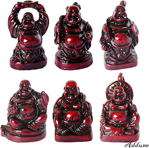 Set of 6 Chinese Laughing Lucky Buddha Statues Resin Happy Buddha Figurines Feng Shui for Luck Wealth Good Gift and Collection (1'', Dark red) - color: Dark Red, style: 1''
