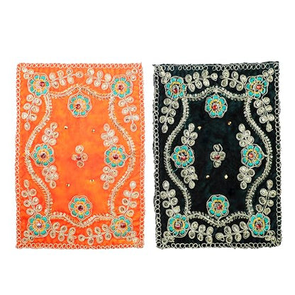Set of 4 Mat Aasan Pooja Cloth God Idol Puja Temple Altar Cloth (9"X6") - color: Red, Yellow, Green and Orange