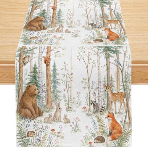 Woodland Animal Table Runner,Watercolor Green Forest Woodland Wildlife Party Table Dresser Scarves for Spring Summer Kitchen Dining Room Table Decor,13x36 Inch - color: Green Beige Forest Animals, size: 13x36inch