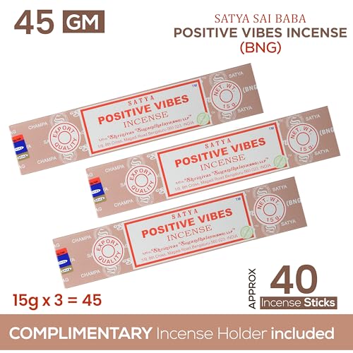 Satya Positive Vibes Incense Sticks, Satya Bng (Bangalore) Insenses 15gmx3 Pack (45 GMS) with Raajsee Incense Holder Bundle, Satya Nagchampa Natural Incense - color: Positive Vibes