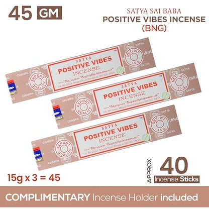 Satya Positive Vibes Incense Sticks, Satya Bng (Bangalore) Insenses 15gmx3 Pack (45 GMS) with Raajsee Incense Holder Bundle, Satya Nagchampa Natural Incense - color: Positive Vibes