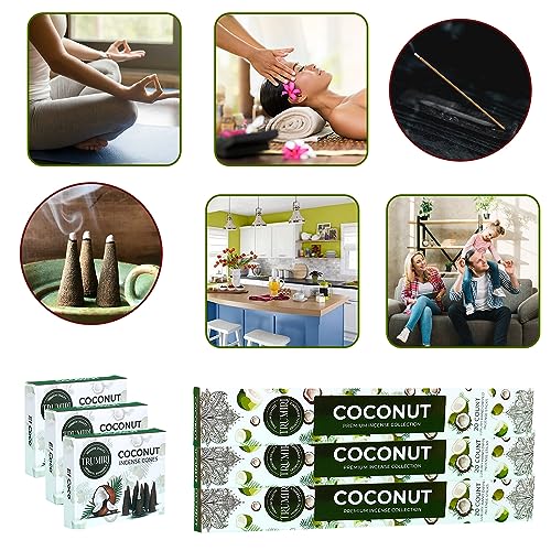 Coconut Incense Sticks & Incense Cones Combo Pack - 60 Insence-Sticks + 30 Insence Cones - Inscense - Incense Cones Scented - Insents - color: Coconut