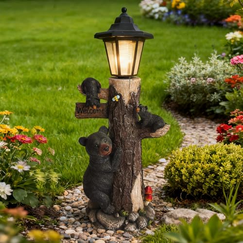 Black Bear Solar Garden Statue with Welcome Sign, 19" Resin Bear Family on Tree, Outdoor Solar Light Lawn Ornament for Yard, Patio, Porch, Cabin Decor - color: Black Bear With Welcome Sign