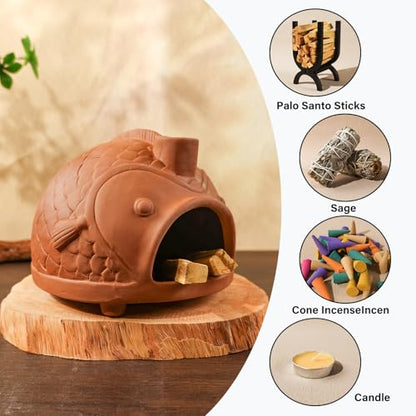 MOUGIGI Large Fish-Shaped Terracotta Palo Santo Holder-Cone Burner - color: Terracotta