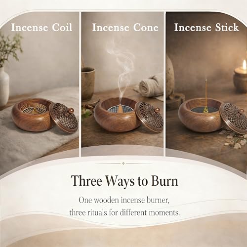 Acacia Wood Incense Burner for Cones & Coils, with Sticks Holder - style: B - Round