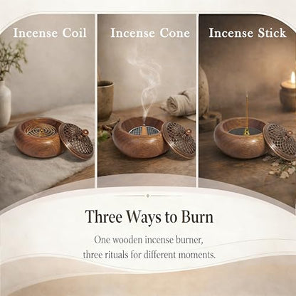 Acacia Wood Incense Burner for Cones & Coils, with Sticks Holder - style: B - Round