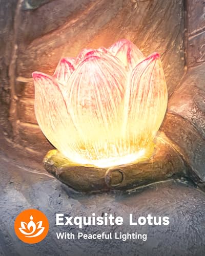 Buddha Statue Outdoor with Lotus Flower Light, IP65 Waterproof Solar Statue Lights, Outdoor Statues for Garden, Zen Decor for Garden, Home, Patio, Lawn