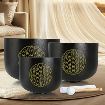 Set of 3 Singing Bowls Life of Flower Black 8-12 inch 8"G 10"E 12"C Frosted Chakra Quartz Crystal Sound Healing Bowls with 1 Mallet Suede 1 Striker 3 O-rings - size: 8"G 10"E 12"C