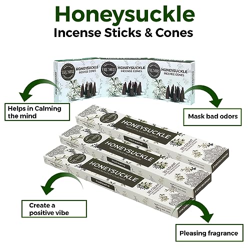 Honeysuckle Incense Sticks & Incense Cones Combo Pack - 60 Insence-Sticks + 30 Insence Cones - Inscense - Incense Cones Scented - Insents - color: Honeysuckle
