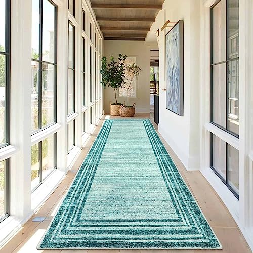 Lahome Modern Abstract Runner Rug, 2.5x10 Teal Long Kitchen Runner Non Skid Washablel Rug Runners for Hallways, Low Pile Soft Entryway Rug Indoor Floor Carpet Runner 10ft for Bedroom Laundry - color: Teal Border/White, size: 2.5' x 10' (Runner)