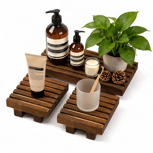 Klunk Waterproof Wood Risers Set of 3 (1 Long12 + 2 Small 6"), Rustic Countertop Organizer Display Stands for Bathroom Vanity, Perfume & Skincare, Kitchen Spice Rack Riser, Farmhouse Decor - size: 12" × 6"