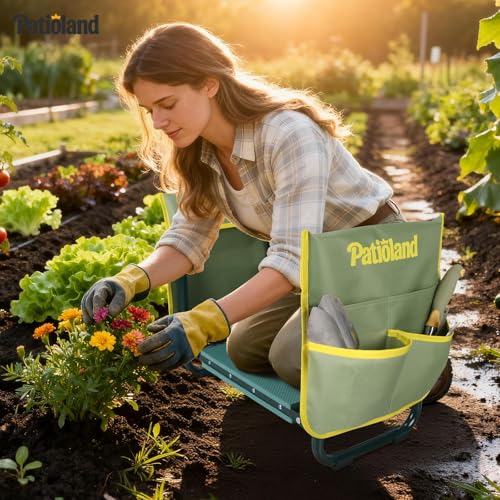Garden Kneeler and Seat, Gardening Workseat with Tool Pouch and HandBag - color: Green-modle C