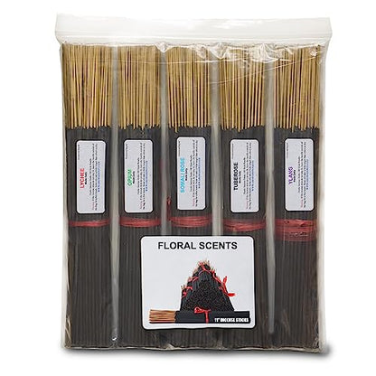 Floral Scents 11'' Incense Sticks - Variety Set 500 Pack - 11 inch - 5 Bundles 100 Sticks Per Fragrance Scent. Set Features Lychee, Op-ium, Somali Rose, Tuberose, Ylang