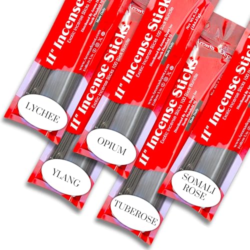 Floral Scents 11'' Incense Sticks - Variety Set 500 Pack - 11 inch - 5 Bundles 100 Sticks Per Fragrance Scent. Set Features Lychee, Op-ium, Somali Rose, Tuberose, Ylang