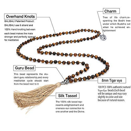 108 Mala Beads Semi-Precious Gem Stones Meditation Necklace - color: Natural Tiger Eye