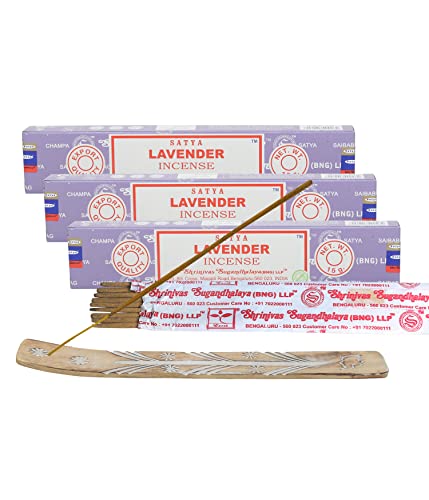 Satya Lavender Incense Sticks, Satya Bng (Bangalore) Insenses 15gmx3 Pack (45 GMS) with Raajsee Incense Holder Bundle, Satya Nagchampa Natural Incense - color: Lavender
