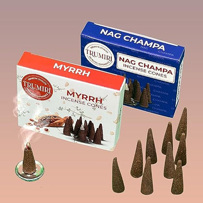 TRUMIRI Incense Cones - Combo Pack of 20 Cone Incense - 10 Myrrh + 10 Nag Champa - Insence Cones - Incense Cones Scented - Cone Incense Scents - Insense Cones - Incent Cone - color: Nag Champa Myrrh