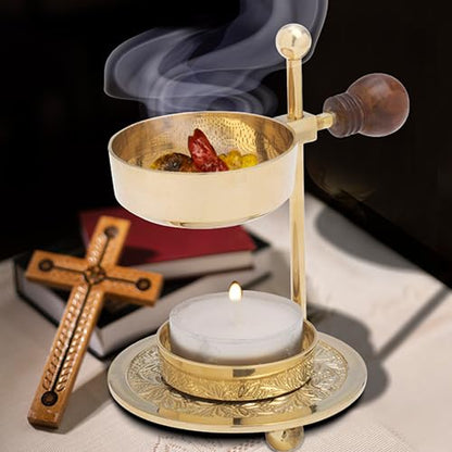Handcrafted Adjustable Resin Incense Burner in Golden Brass with Wooden Handle – Premium Quality Incense Holder with Tealight (4.33 inch) for Aromatherapy and Unique Smoking Experience - color: Gold Wooden Handle
