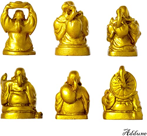 Set of 6 Mini Laughing Happy Buddha Statue Resin Figurines Feng Shui for Luck Wealth Good Gift and Collection (1'', Gold) - color: Gold, style: 1''
