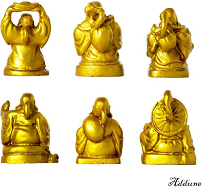 Set of 6 Mini Laughing Happy Buddha Statue Resin Figurines Feng Shui for Luck Wealth Good Gift and Collection (1'', Gold) - color: Gold, style: 1''