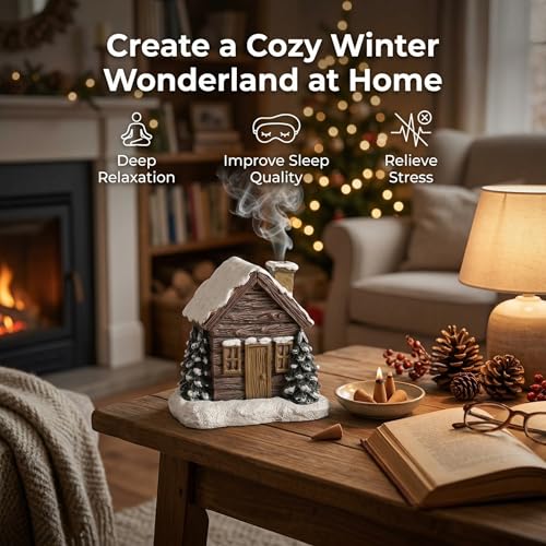 Log Cabin Incense Burner, Christmas Village Houses Incense Burner, Resin Home Incense Cone Burner with 2 Incense Cones, Aromatherapy Diffuser Home Tabletop Decorations
