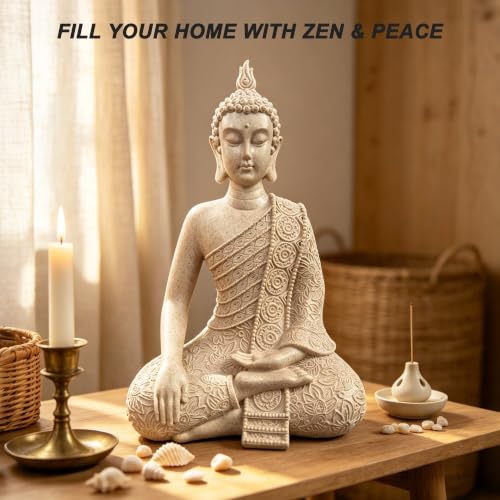 Resin Yellow Sitting Buddha, Buddhism Style Decor and Zen Shelf Aesthetic - color: Yellow