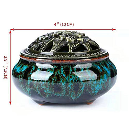 Censer Sky Blue Incense Burner with Calabash Incense Stick Holder - Porcelain Charcoal Censer for Use with Resin Granular Powder Cone or Coil Incense (Blue Fambe) - color: Blue Fambe