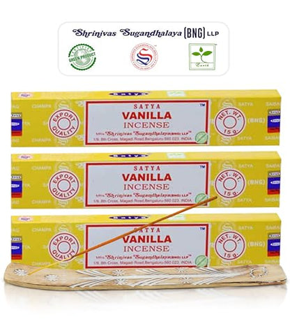 Satya Nagchampa Vanilla Incense Sticks, Satya Bng (Bangalore) Insenses 15gmx3 Pack (45 GMS) with Raajsee Incense Holder Bundle, Satya Nagchampa Natural Incense - color: Vanilla