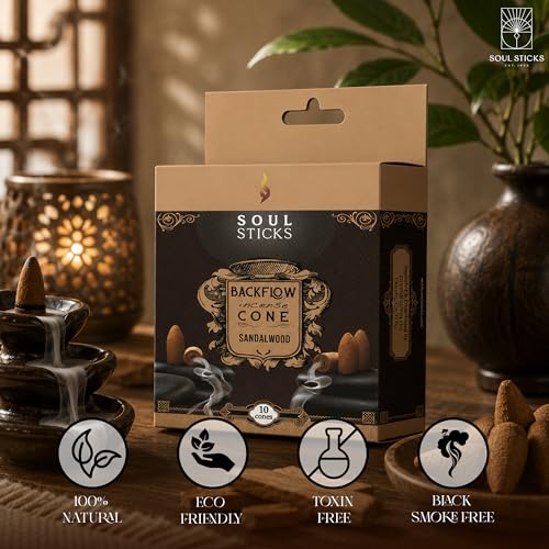 Soul Sticks Backflow Incense Cones – 40 Handmade Organic Cones for Waterfall Burner | 4 Pack Long Lasting Aromatic Scents | Thick White Smoke Incense for Meditation, Yoga & Gifts (Sandalwood) - color: Sandalwood