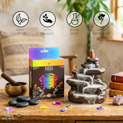 Soul Sticks Backflow Incense Cones – 40 PCS Organic Handmade Cones for Waterfall Burner | 4 Pack Long Lasting Aromatic Scents | Thick White Smoke Incense for Meditation, Yoga (7 Chakras) - color: 7 Chakras