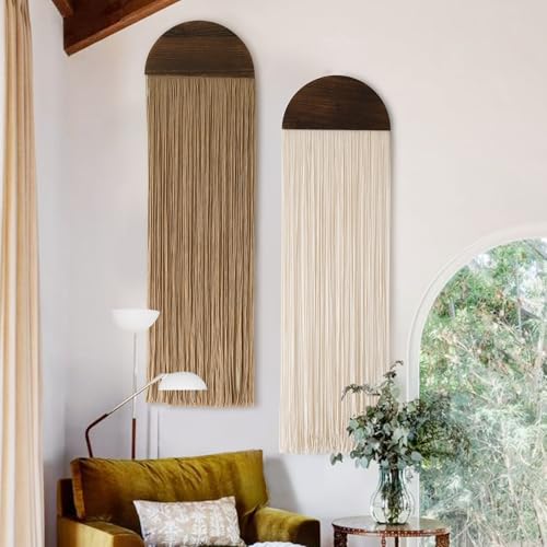 2Pcs Macrame Wall Hanging Boho wall decor Fiber Art Decor 13.7"W*51"L - color: Ivory and Brown